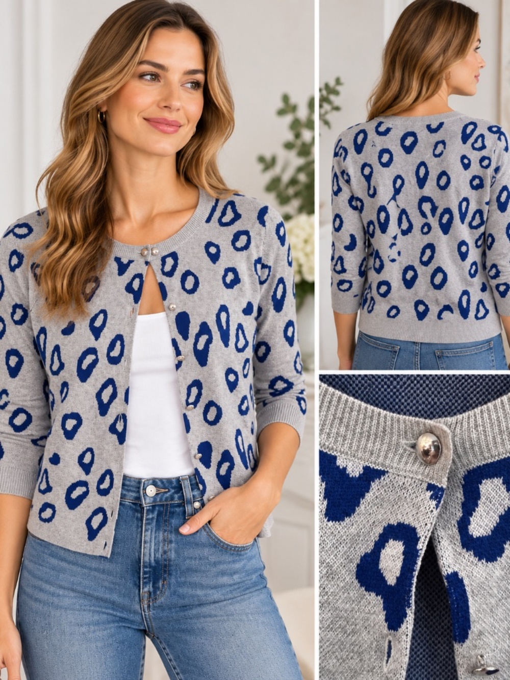 Banana Republic M Gray Blue Leopard Print Cardigan Sweater Button Lightweight
